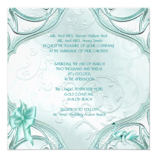 Elegant Wedding Teal Blue Swans Bow Invites