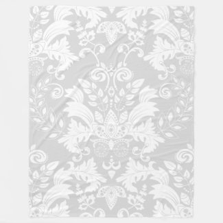 Elegant White And Light Gray Floral Ornament Fleece Blanket