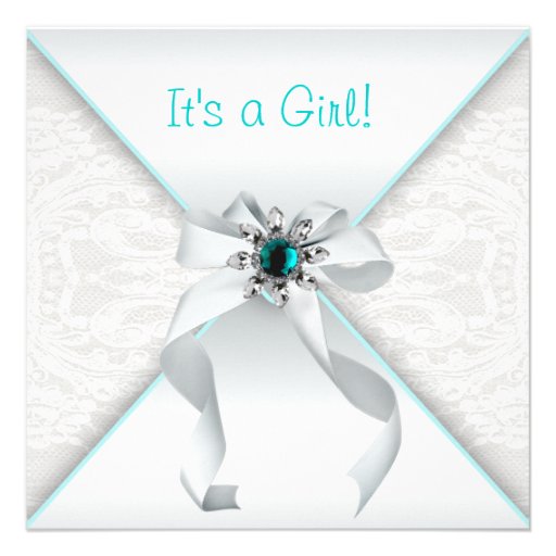 Elegant White and Teal Blue Baby Girl Shower Personalized Announcements