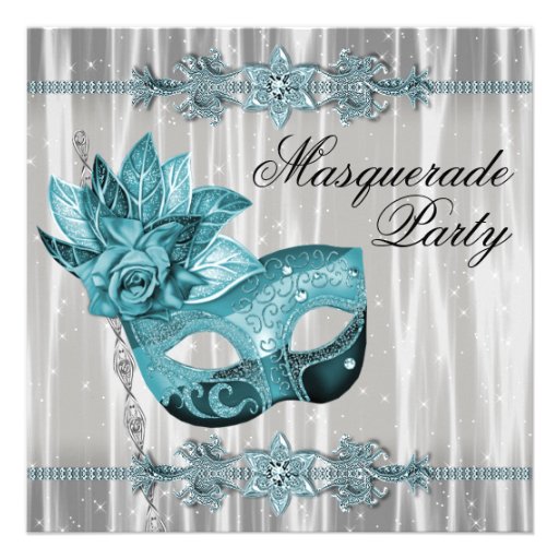 Elegant White and Teal Blue Masquerade Party Custom Invitations