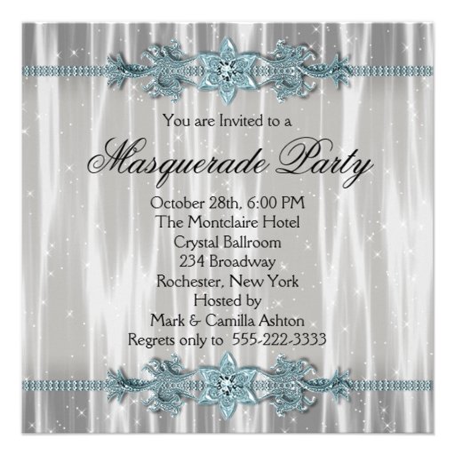 Elegant White and Teal Blue Masquerade Party Custom Invitations