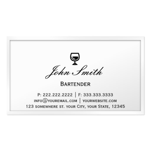 Elegant White Border Bartender Business Card (front side)