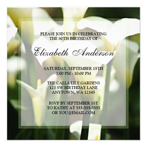 Elegant White Calla Lily 80th Birthday Party Personalized Invitations (front side)