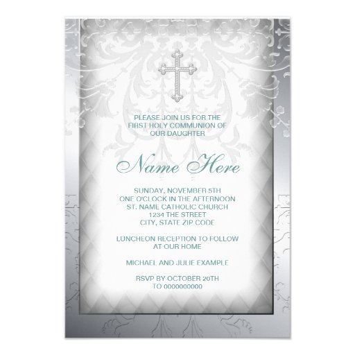 Elegant White Damask Cross First Communion Personalized Invitation