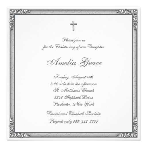 Elegant White Damask Photo Christening Personalized Announcement