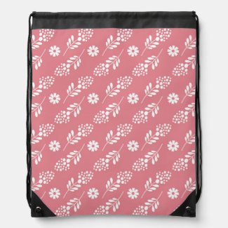 Elegant White Floral Pattern On Strawberry Pink Drawstring Backpack