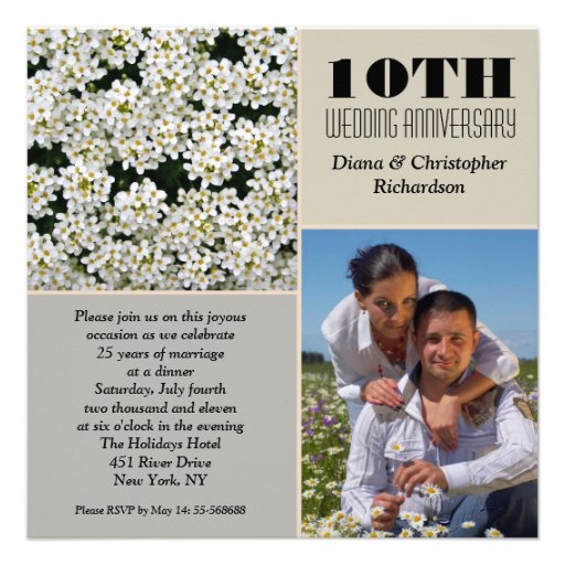 elegant white flowers 10 anniversary photo invites