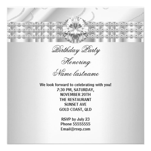Elegant White Jewel diamonds Silver Birthday Party Invitations