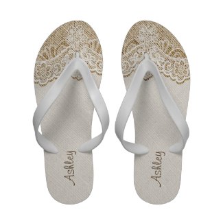 Elegant white lace and linen natural burlap bridal flip flops