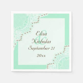 Elegant white lace with pearls mint green wedding disposable napkins