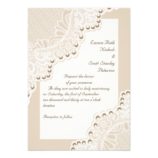 Elegant white lace with pearls wedding announcements