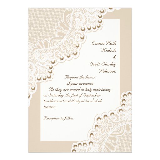 Elegant white lace with pearls wedding announcements