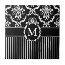 Elegant White on Black Damask Ceramic Tile