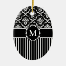Elegant White on Black Damask Christmas Ornaments