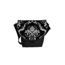 Elegant White on Black Damask Courier Bag