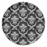 Elegant White on Black Damask Dinner Plates