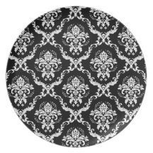 Elegant White on Black Damask Dinner Plates