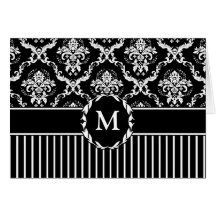 Elegant White on Black Damask Greeting Cards