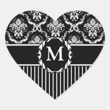 Elegant White on Black Damask Heart Sticker