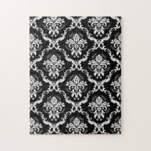 Elegant White on Black Damask Jigsaw Puzzle