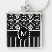 Elegant White on Black Damask Keychain