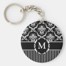 Elegant White on Black Damask Keychain