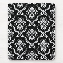 Elegant White on Black Damask Mouse Pads