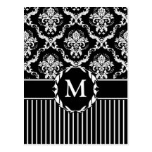 Elegant White on Black Damask Postcard