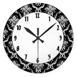 Elegant White on Black Damask Round Wall Clocks