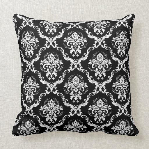 Elegant White on Black Damask Throw Pillow