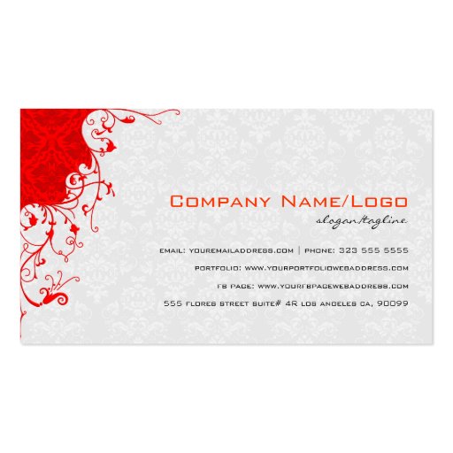 Elegant White & Red Vintage Floral Damasks Business Card Templates (back side)