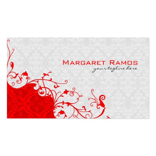 Elegant White & Red Vintage Floral Damasks Business Card Templates (front side)