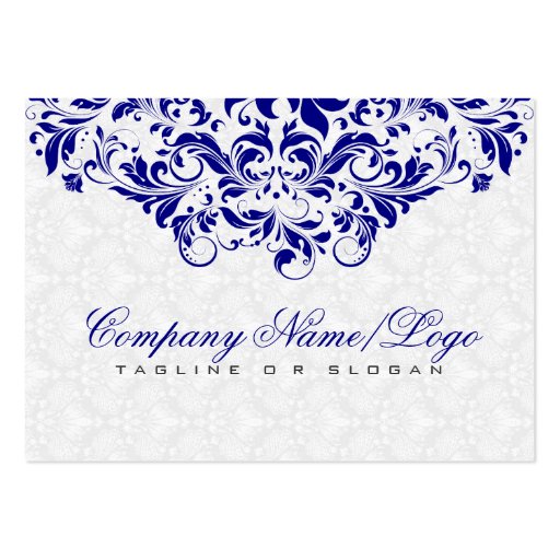 Elegant White & Royal Blue Damasks & Swirls Business Card Template (front side)