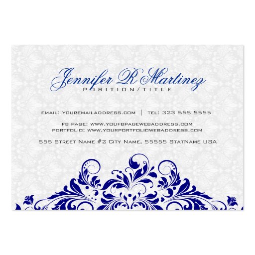 Elegant White & Royal Blue Damasks & Swirls Business Card Template (back side)