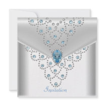 Elegant White Silver Overlay Blue Jewel Invite