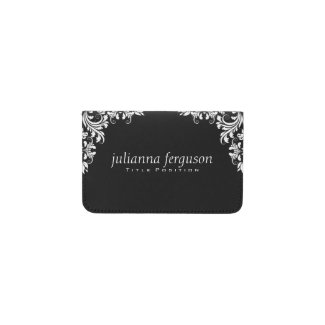 Elegant White Swirls Black Background Business Card Holder