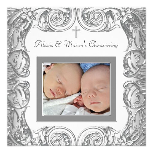 Elegant White Twins Photo Christening Invitations