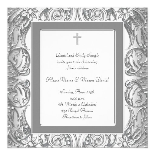 Elegant White Twins Photo Christening Invitations