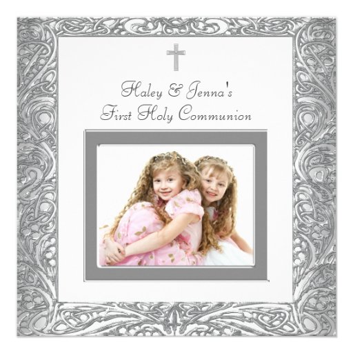 Elegant White Twins Photo First Communion Announcements (front side)