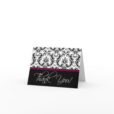 Elegant Wine Red Black Damask Thank You Cards