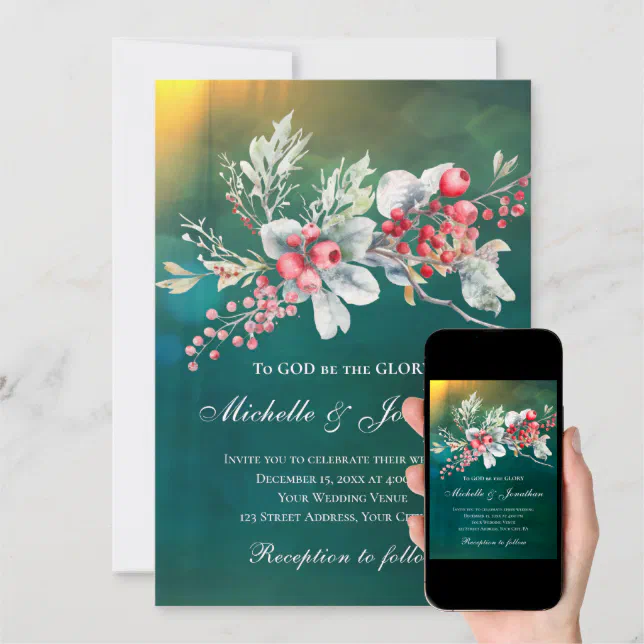 Elegant Winter Floral On Green Christian Wedding Invitation Zazzle