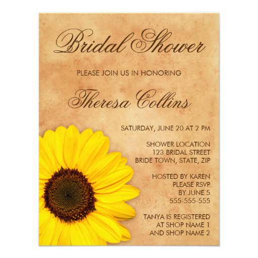 Elegant yellow sunflower bridal shower invite