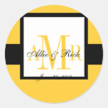 Elegant Yellow Three Monograms Wedding Label Round Stickers