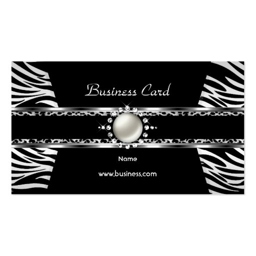 Elegant Zebra Leopard Black Silver Diamond Pearl Business Card Template