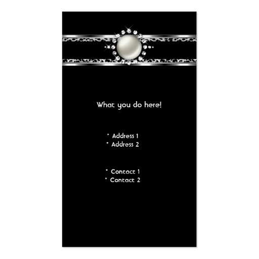 Elegant Zebra Leopard Black Silver Diamond Pearl Business Card Template (back side)