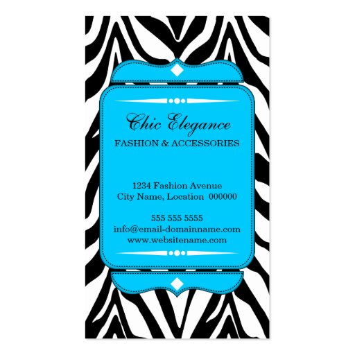 Elegant Zebra Print Aqua Blue Business Cards (front side)