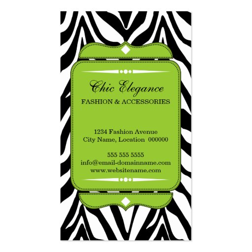 Elegant Zebra Print Green Business Cards (front side)