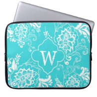 Elegantaqua blue decorative floral monogram computer sleeves