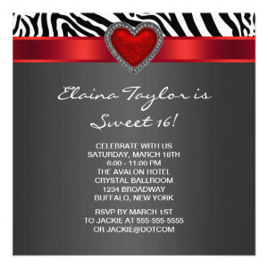 Elegnat Red Zebra Sweet 16 Party Personalized Invitations