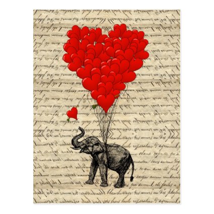 Elephant and heart shaped balloons postcards
